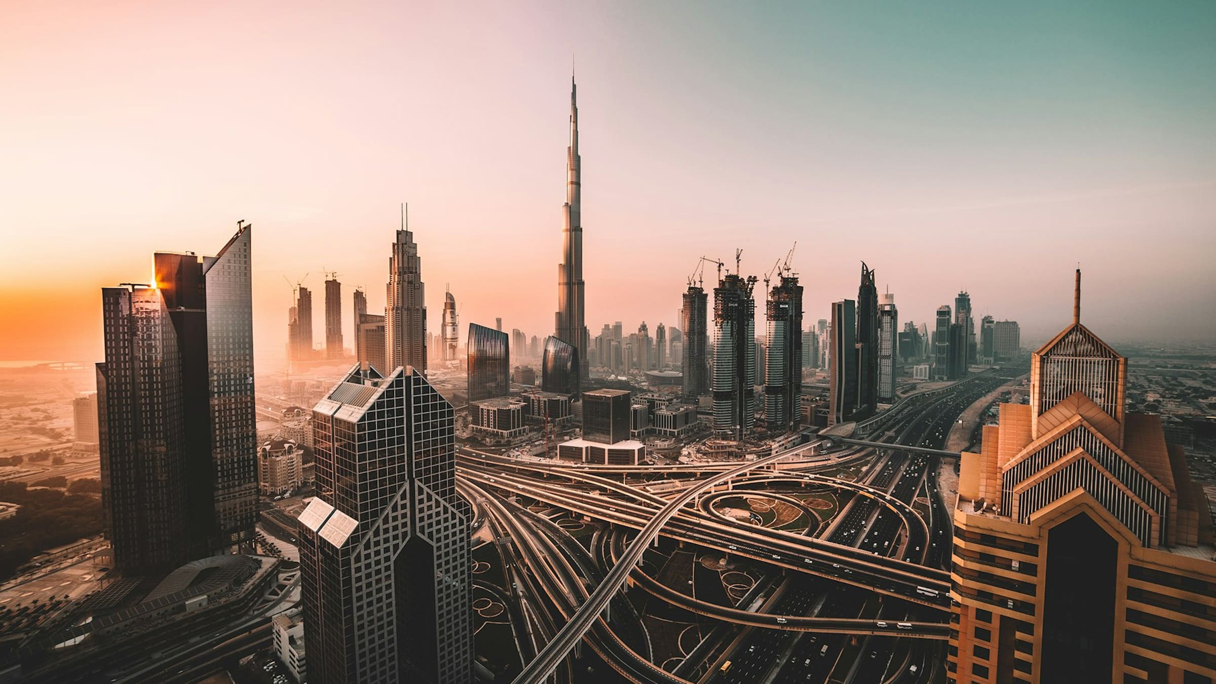 Dubai skyline at dusk with the Burj Khalifa