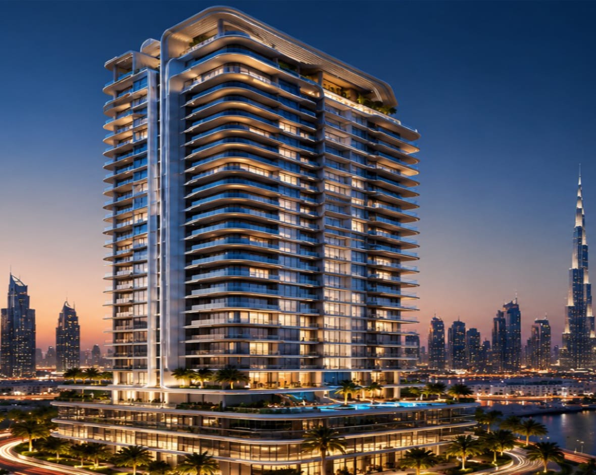 New residential tower on the Dubai waterfront at dusk